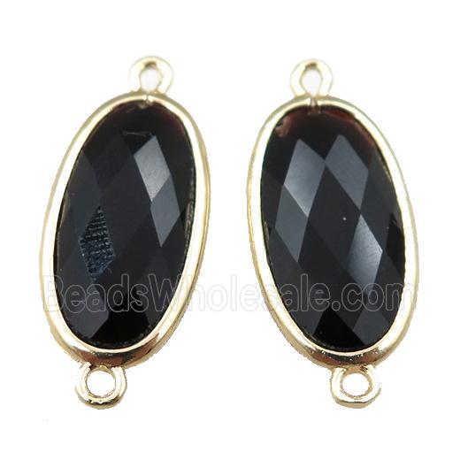 black Onyx Agate connector, faceted oval, gold plated
