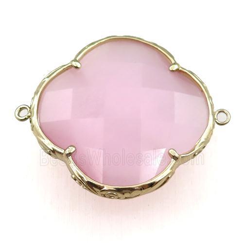 pink cats eye stone clover connector, faceted