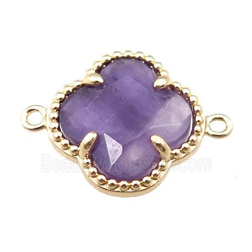 purple amethyst connector, faceted clover, gold plated