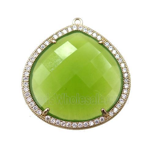 olive cats eye stone peandant paved rhonestone, faceted teardrop
