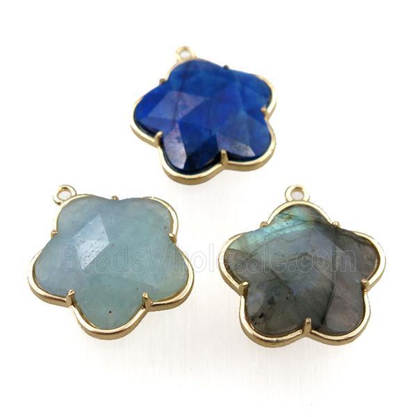 mixed Gemstone flower pendant, faceted, gold plated