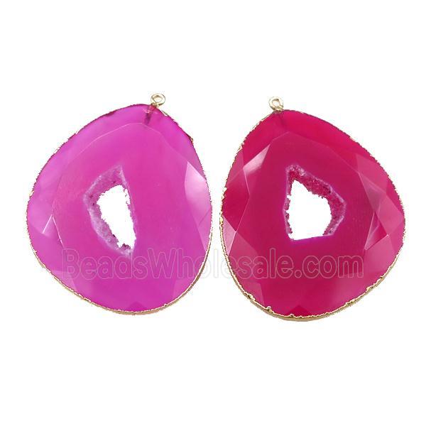 hotpink Agate druzy geode slice pendant, freeform, gold plated