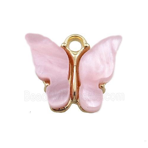 pink pearlized Glass butterfly pendant, gold plated