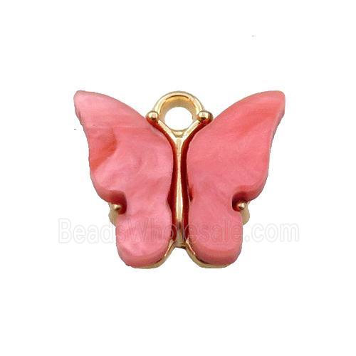 red pearlized Glass butterfly pendant, gold plated
