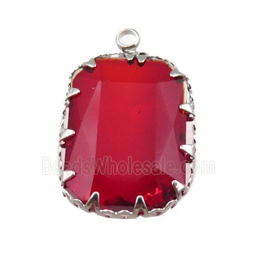 red crystal glass rectangle pendant, platinum plated