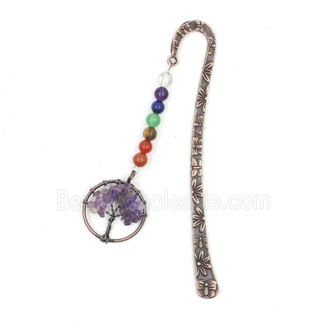 Zinc bookmark with tree of life, gemstone chakra, amethyst, antique red