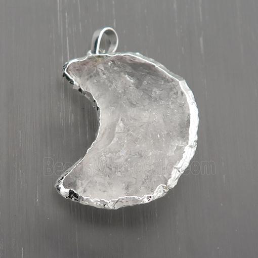 Clear Quartz moon pendant, hammered, silver plated
