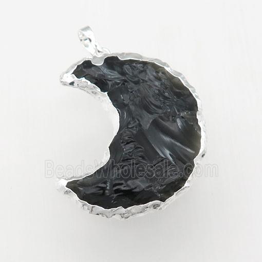 black Obsidian moon pendant, hammered, silver plated