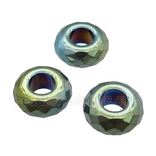 Hematite Beads with large hole, faceted rondelle, green plated