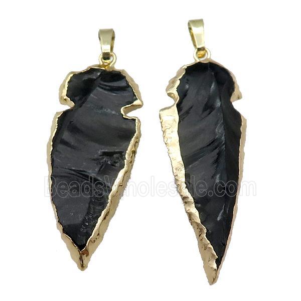 black Obsidian arrowhead pendant, hammered, gold plated