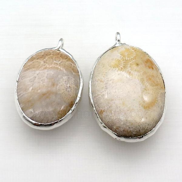 Coral Fossil oval pendant, silver plated