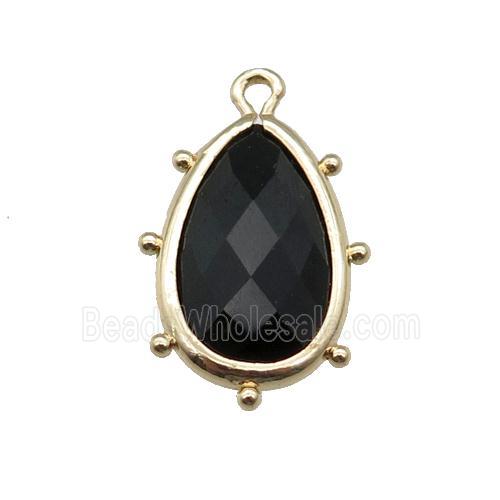 black Onyx Agate teardrop pendant, faceted, gold plated
