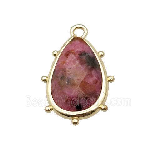 pink Rhodonite teardrop pendant, faceted, gold plated