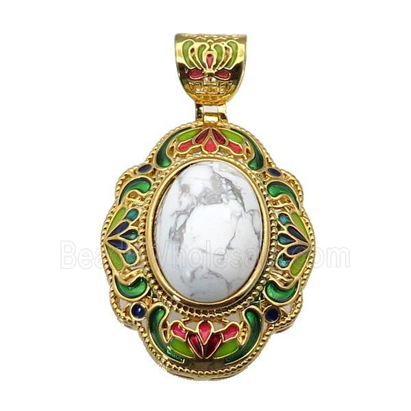 copper Oval pendant with white howlite, enamel, gold plated