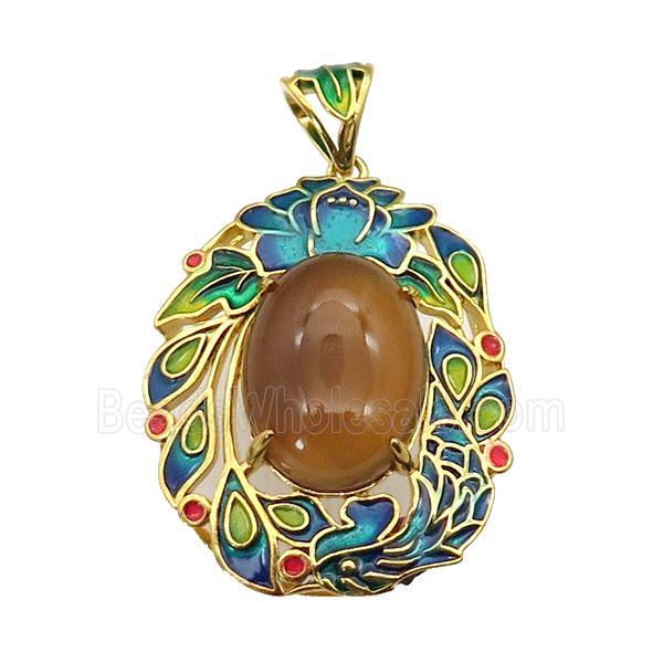 copper Oval pendant with carnelian, enamel, gold plated