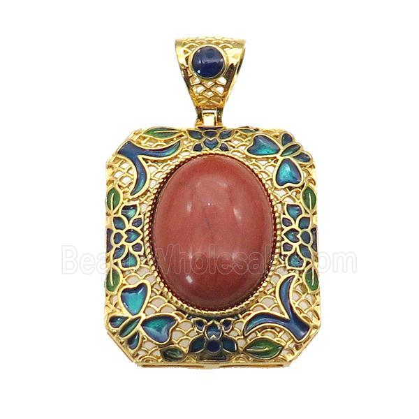copper Rectangle pendant red jasper, enamel, gold plated