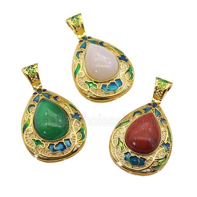 copper Teardrop pendant with gemstone, enamel, gold plated, mixed