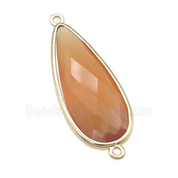 peach Crystal Glass teardrop connector, faceted, gold plated