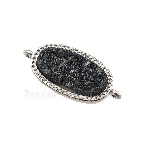 black druzy quartz oval connector, platinum plated