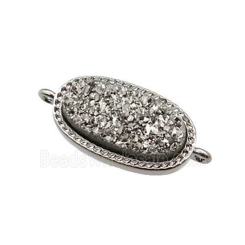 silver druzy quartz oval connector, platinum plated