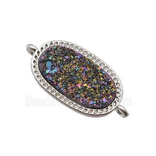 rainbow druzy quartz oval connector, platinum plated