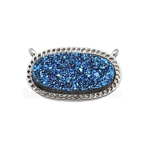 blue druzy quartz oval pendant, platinum plated