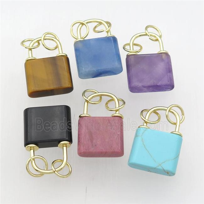 mixed Gemstone Lock pendant, gold plated