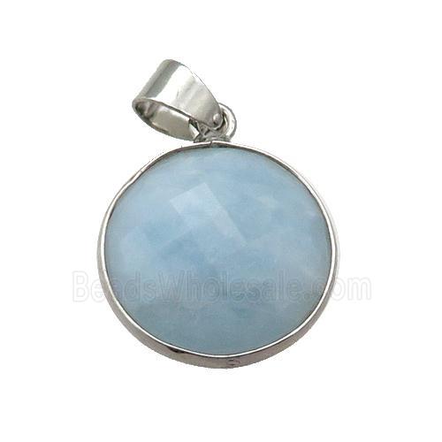 blue Aquamarine circle pendant, platinum plated