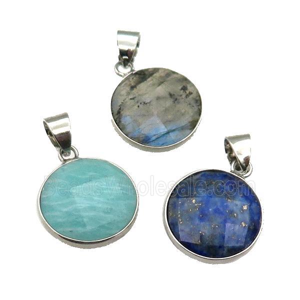 mix Gemstone circle coin pendant, platinum plated