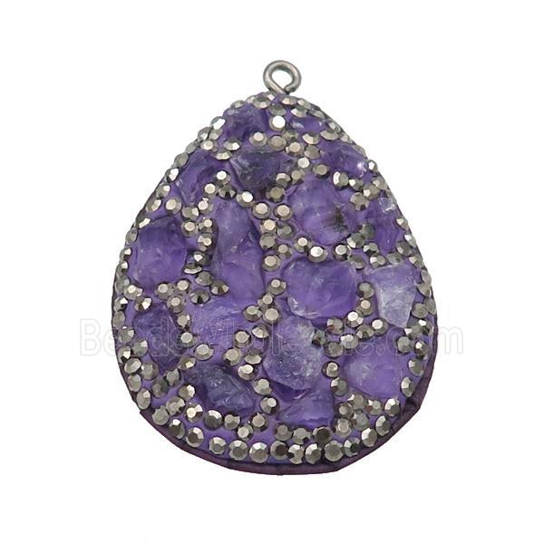 purple Amethyst teardrop pendant pave rhinestone