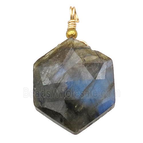 Labradorite pendant, hexagon, wire wrapped