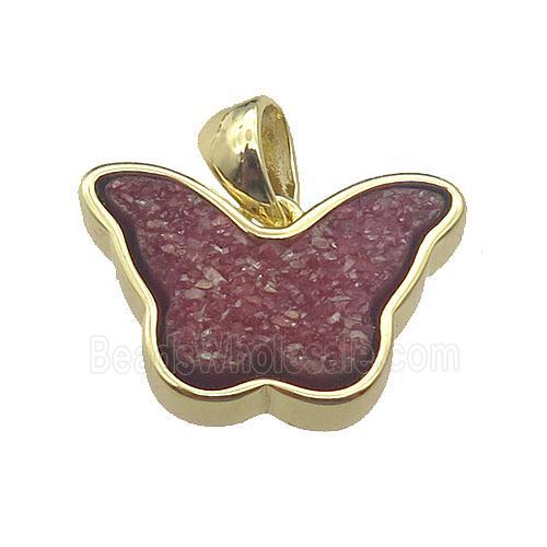 red Resin Druzy butterfly pendant, gold plated