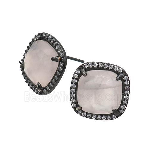 Rose Quartz Stud Earring Square Black Plated