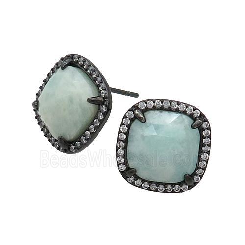 Green Amazonite Stud Earring Square Black Plated