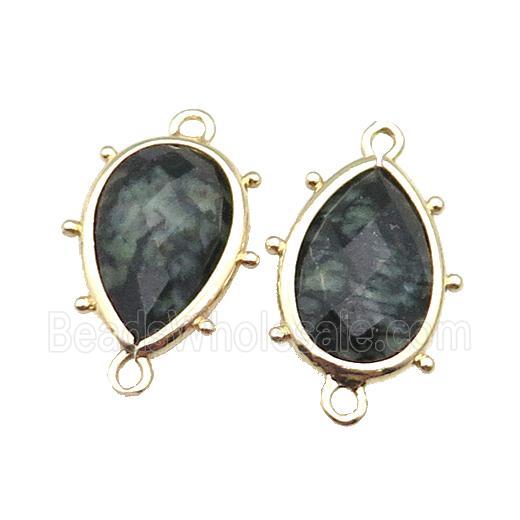 Green Kambaba Jasper Connector Faceted Teardrop Gold Plated