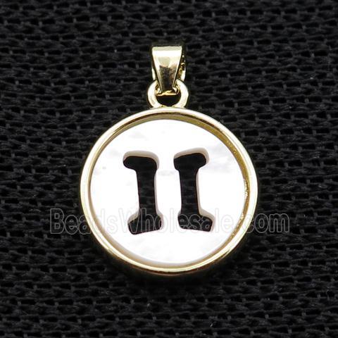 White MOP Shell Circle Pendant Zodiac Gemini Gold Plated
