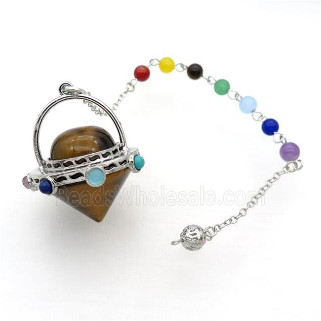 Tiger Eye Stone Pendulum Pendant Chakra Platinum Plated