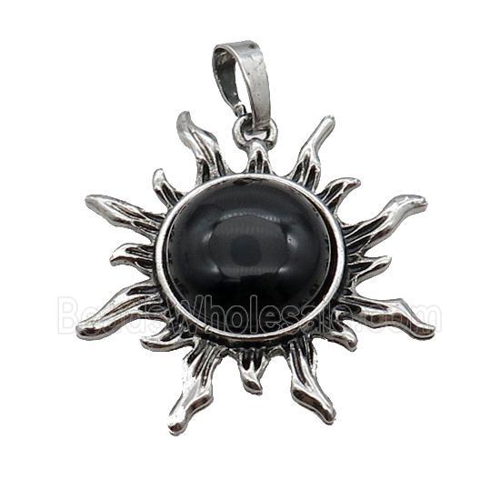 Black Onyx Agate Sun Alloy Pendant Antique Silver