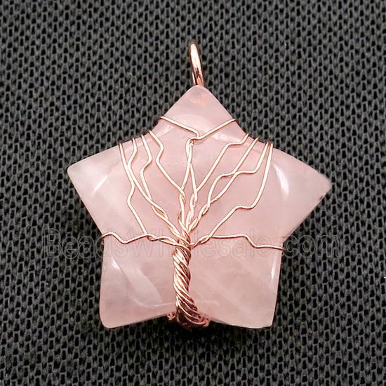 Pink Rose Quartz Star Pendant Tree Wire Wrapped