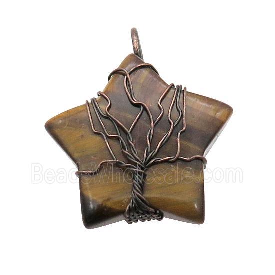 Tiger Eye Stone Star Pendant Tree Wire Wrapped