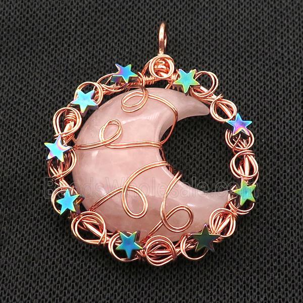 Pink Rose Quartz Moon Pendant Wire Wrapped