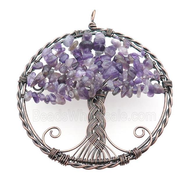 Purple Amethyst Chip Tree Of Life Pendant Wire Wrapped Antique Red