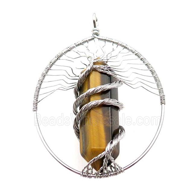 Tiger Eye Stone Tree Of Life Pendant Alloy Wire Wrapped