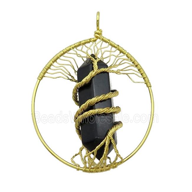 Black Onyx Agate Tree Of Life Pendant Alloy Wire Wrapped Gold Plated