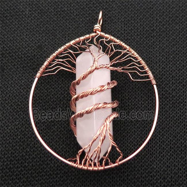 Pink Rose Quartz Tree Of Life Pendant Alloy Wire Wrapped Rose Gold