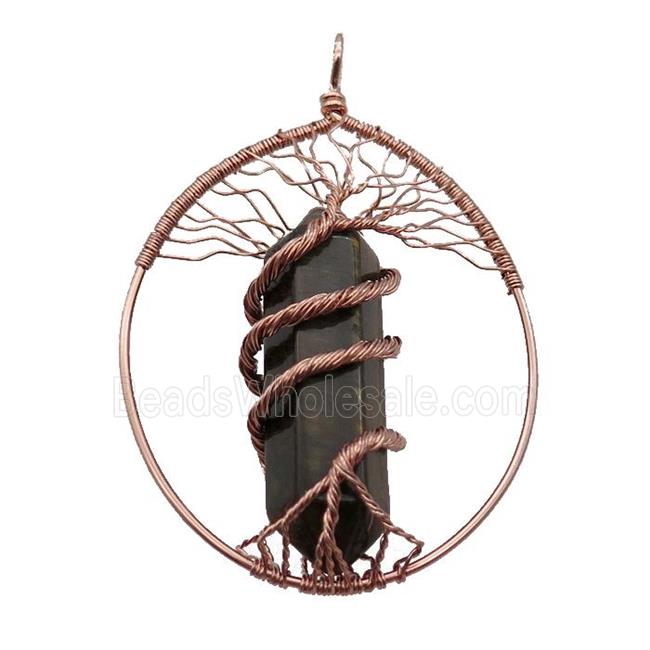 Tiger Eye Stone Tree Of Life Pendant Alloy Wire Wrapped Rose Gold