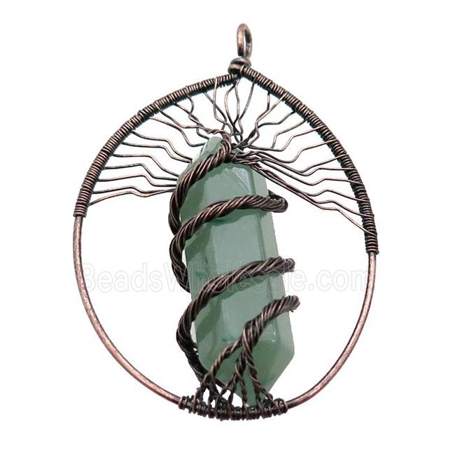Green Aventurine Tree Of Life Pendant Alloy Wire Wrapped Antique Red