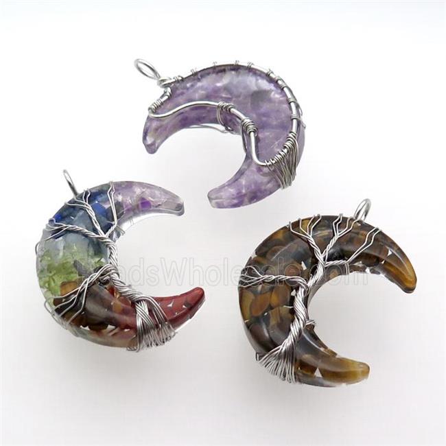 Resin Moon Pendant With Gemstone Chip Tree Wire Wrapped Mixed