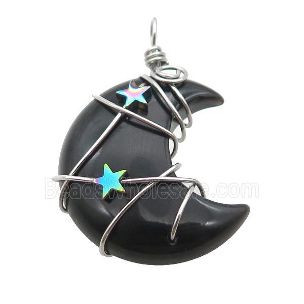 Black Onyx Agate Moon Pendant Wire Wrapped