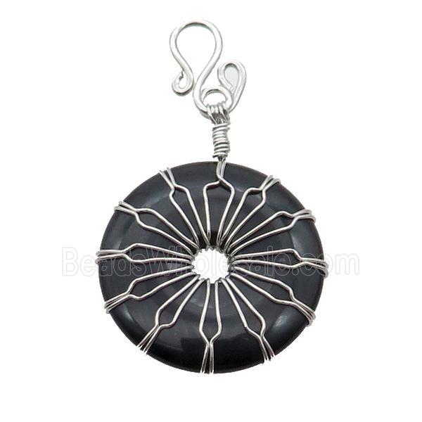 Black Onyx Agate Donut Pendant Wire Wrapped